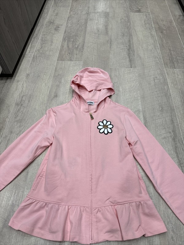 Moschino Teen Teddy Bear Toy Girls Pink Hoodie Zipper Ruffled Sweatshirt Size 16