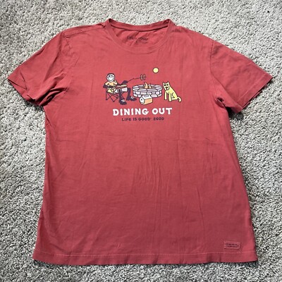 Life Is Good Shirt Adult L Mens Red Dining Out Camp Fire Graphic Short Sleeve