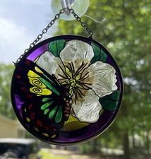 Hand Painted Suncatcher Stained Glass Window Art Purple Butterfly Flower Amia