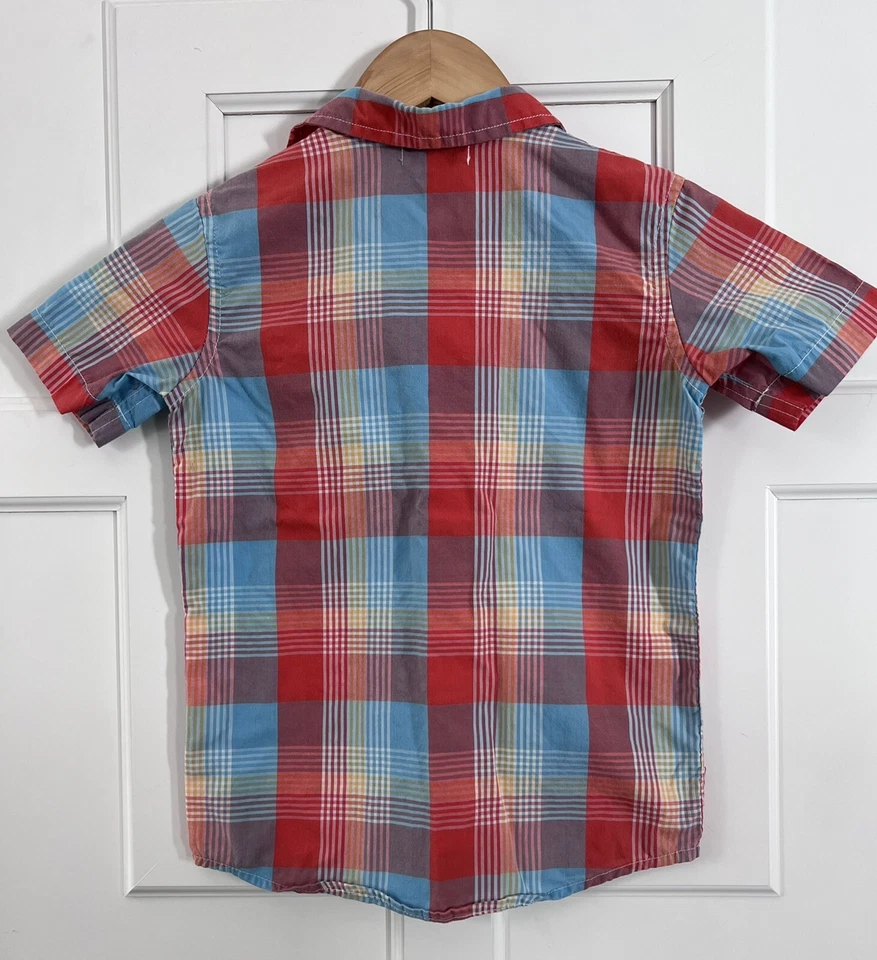 Boys OLD NAVY Sz XS Blue, Red, Yellow Short Sleeve Plaid Button-Up Shirt Lion - Image 3 of 4