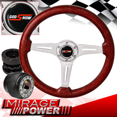 For 90-05 Eclipse Black Hub Extender + Metallic Red Wood Godsnow Steering Wheel