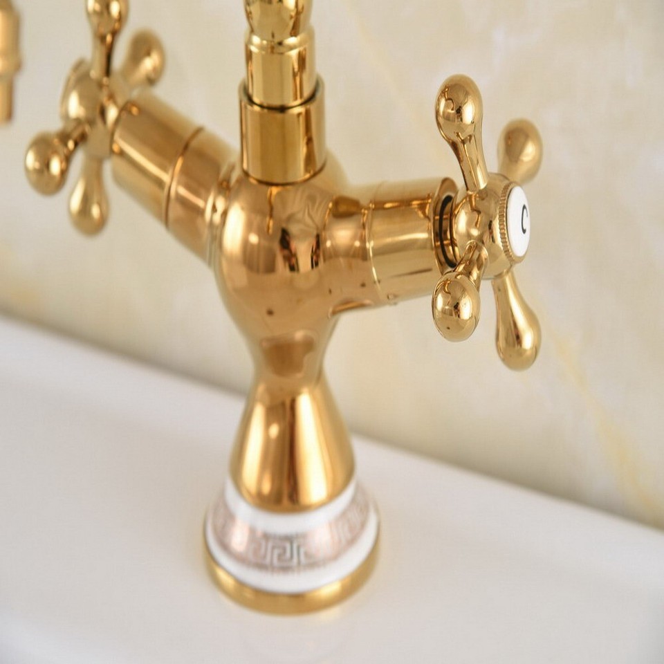 Gold Brass Bathroom Sink Faucet Swivel Dual Handles Deck Mounted Mixer