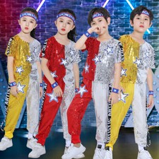 New Sequins Jazz Dance Costume Chothes Short Sleeves  Trousers Set for Kid
