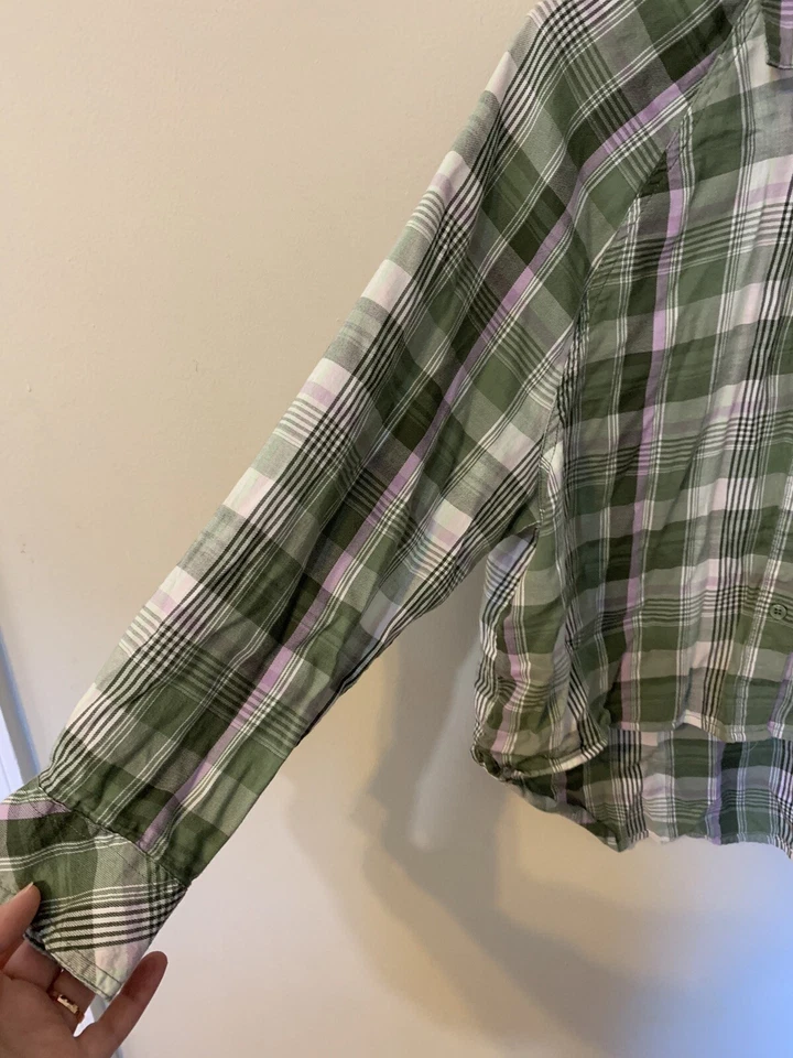 Arizona Jean Co 女孩绿色紫色格子高低纽扣衬衫 XL 码 (18.5) — 第 4/4 张图片