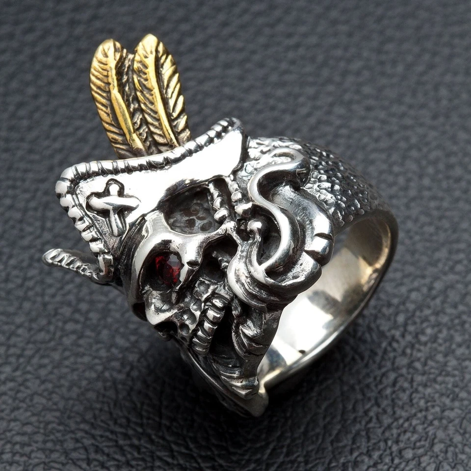 925 Sterling Silver Red Eye Skull Pirate Ring Biker Men's Gothic New - Image 4 of 4