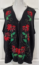 Bobbie Brooks Ugly Christmas Sweater Vest Black Red Poinsettias Women's XL