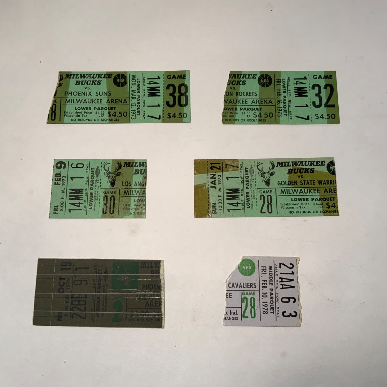Lot of 6 Milwaukee Bucks ticket stubs 1973 - 1979 Kareem, Wilt, Big O /Good - VG