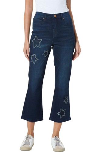 DG2 by Diane Gilman Classic Stretch Star Patch Kick Flare Jean Indigo
