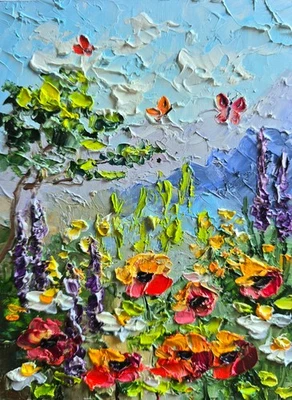 Rote Mohnblumen Ölbild 21x26 cm Landschaft Gemälde mit Rahmen - Bild 1 von 4