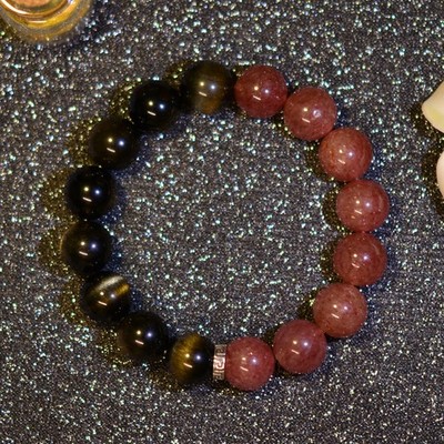 Natural Crystal Bracelet Strawberry Quartz Golden Obsidian S925 Silver Chic Gift