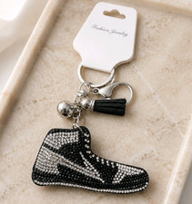 Rhinestone Sneaker Keychain Bling Puffy High Top Shoe Bag Charm Tassel Black