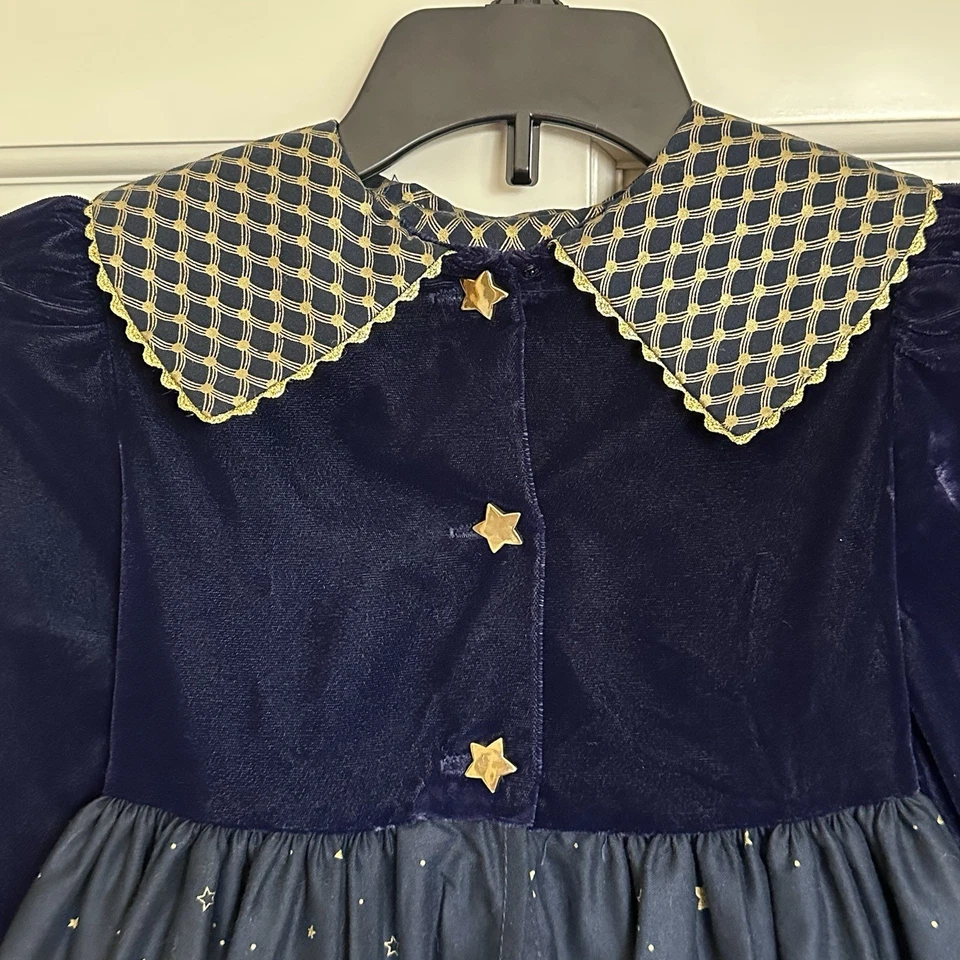 Vtg Daisy Kingdom Girls 4 Velvet Navy Cherub Angel Christmas Dress Gold Holiday - Image 2 of 4