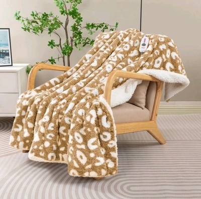 King Size Heated Electric Blanket Leopard Sherpa Throw Fast Heating 100x90 New