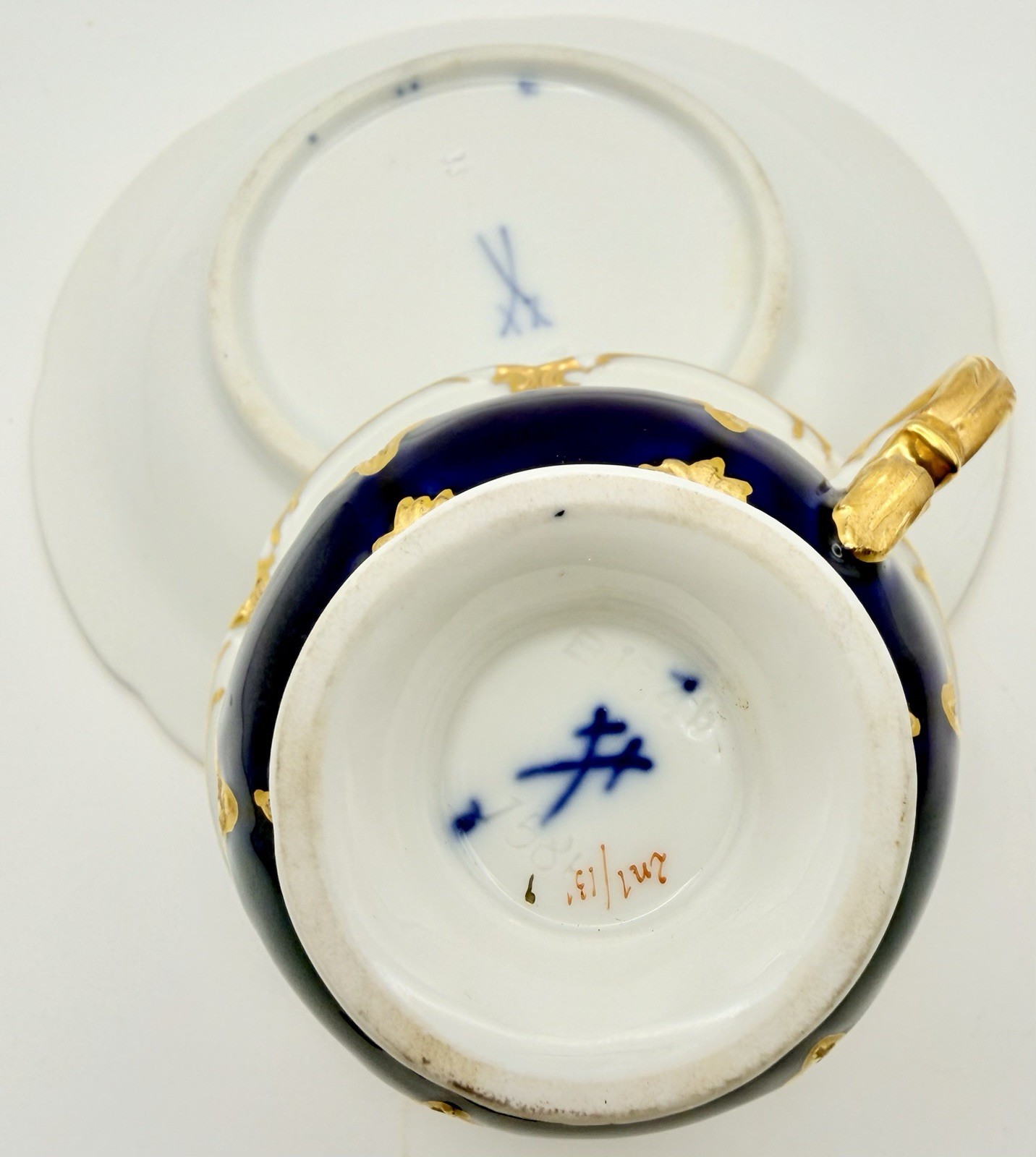 Antique Meissen Cobalt Blue Gold Floral B-Form Demitasse Cup & Saucer; Teacup