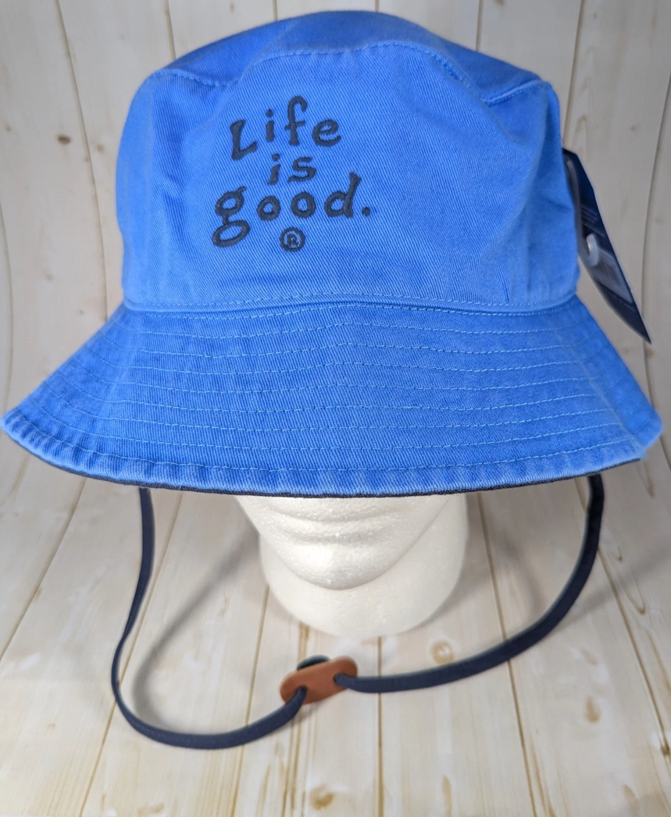 New NWT Life is Good Blue 100% Cotton Bucket Hat Vintage Wordmark Style Unisex