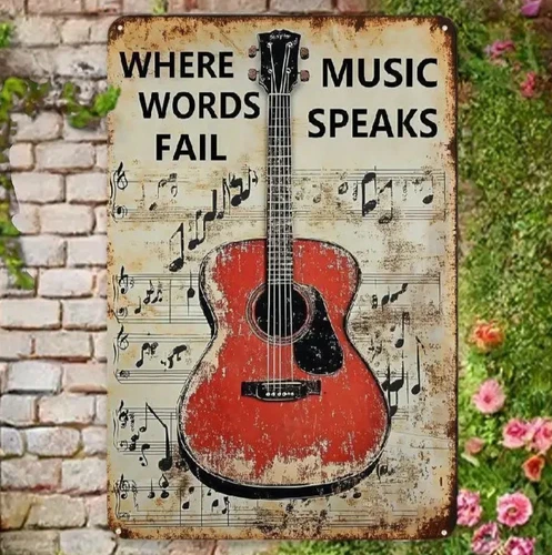 NEW 2D 8"x12" Vintage Rustic Acoutsic Guitar & Music Metal Sign. "Music Speaks"