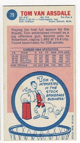 1969-70 Topps Basketball #79 Tom Van Arsdale - Cincinnati Royals RC - Picture 2 of 2