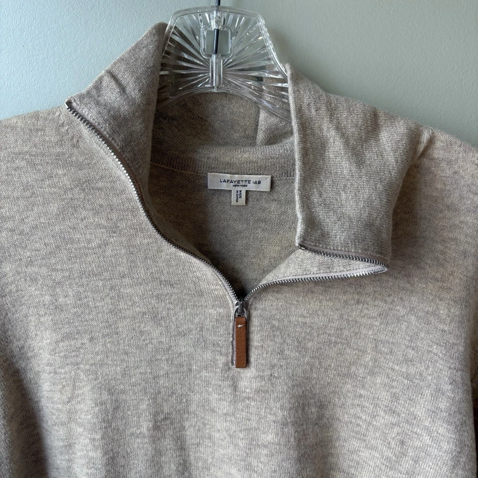 Suéter Grande LAFAYETTE 148 Beige Lana Cachemira Metálico Imitación 1/4 Cremallera Foto 4 de 4