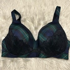 Cacique 40DDD Bra Green Plaid Lightly Lined Full Coverage Underwire Stretch Lace