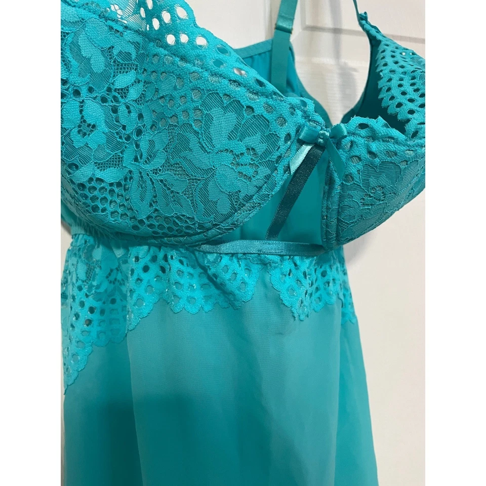Lencería Babydoll de encaje con aros Cacique Chemise Negligee azul aguamarina 40DD 40E Foto 2 de 4