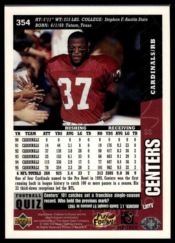 1996 Collector's Choice #354 Larry Centers - Image 2 of 2