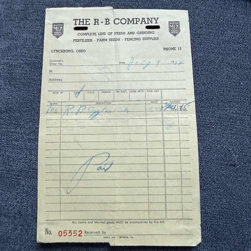 The R-B Company Farm Store Lynchburg Ohio Highland County Receipt 1954 Ephemera