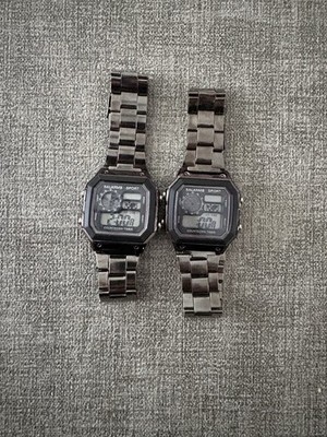 TWO (2) Matching Digital Sports Watch 8 Colors CUSTOMIZABLE Lights Metal Band