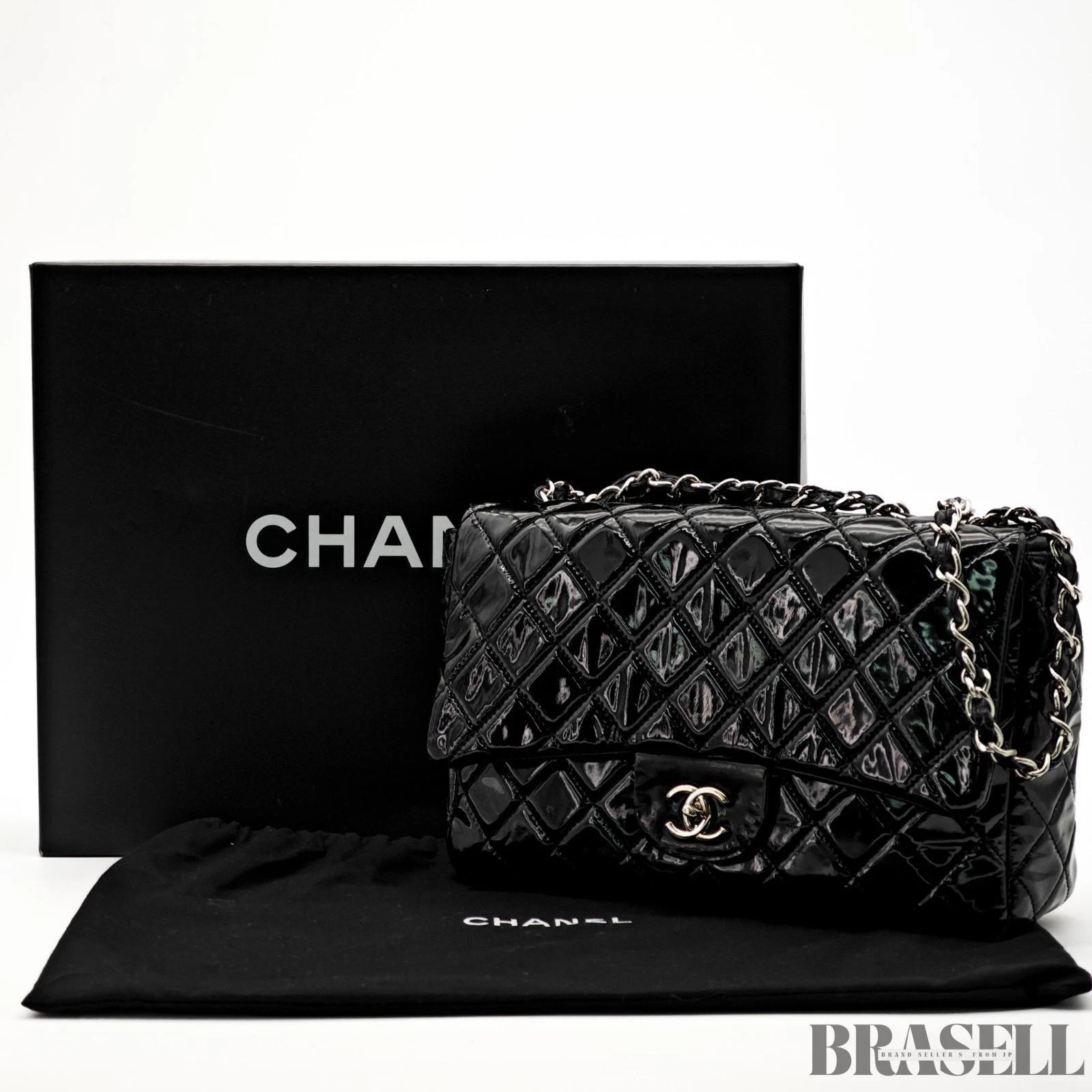 Chanel — CHANEL Maxi Jumbo Matelasse 30 A28600 Patent Leather Black Chain Shoulder Bag