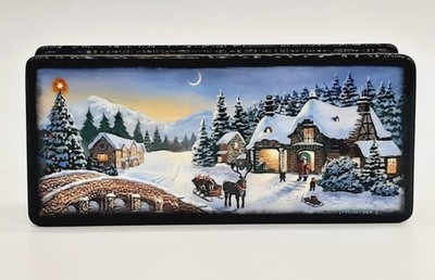 Weihnachtsszene Fedoskino lackierte Schmuckschatulle handbemalt signiert