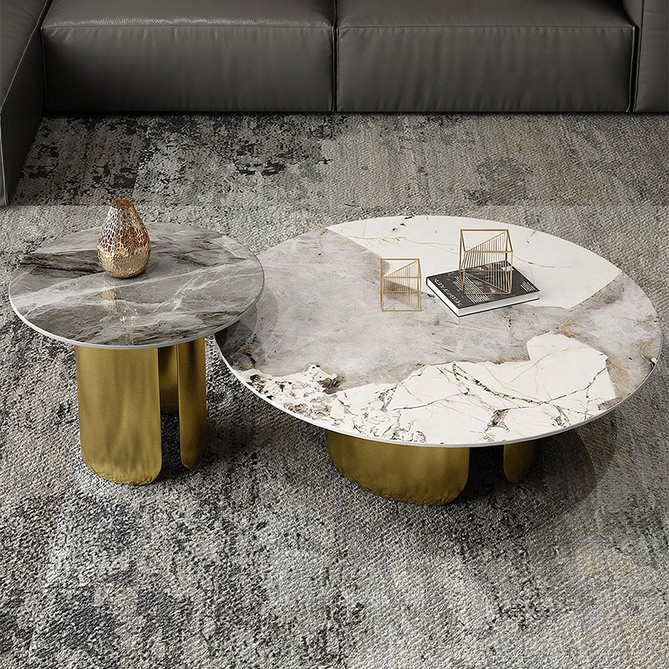 Amina nesting coffee table set gold sintered stone | eBay UK