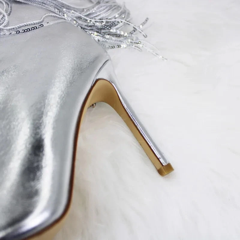 Botas largas para mujer con borlas y lentejuelas hasta la rodilla otoño punta tacones de aguja Foto 4 de 4