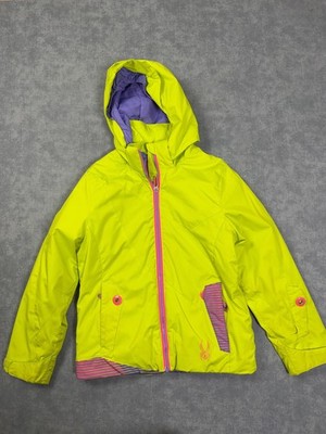 Spyder Jacket Kids 10 Yellow Lime Hooded Insulated Ski Snow Thinsulate Winter