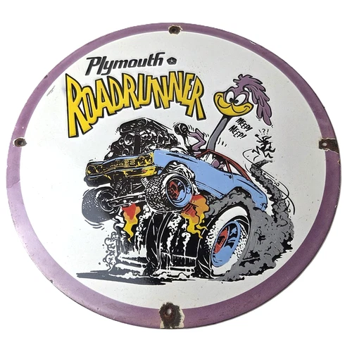 Vintage Rat Fink Sign - Plymouth Road Runner Hot Rod Gas Pump Porcelain Sign