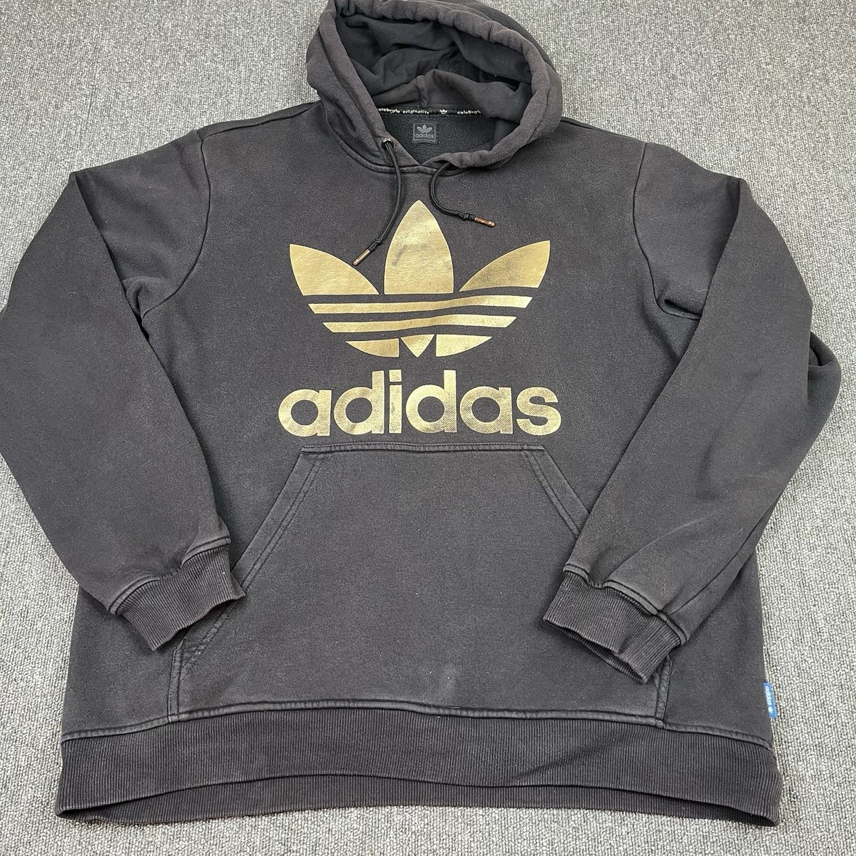 Adidas Hoodie Mens XL Black Gold Trefoil Originals Kangaroo Pouch