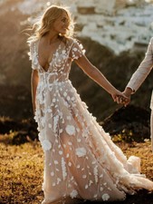 Beach 3D Flower Leaf Lace Wedding Dresses Backless A-line Long Tulle Gowns  