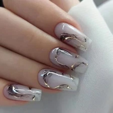 Marble White Press on Nails Coffin Short Medium Fake Nails Gel Acrylic Glue on 