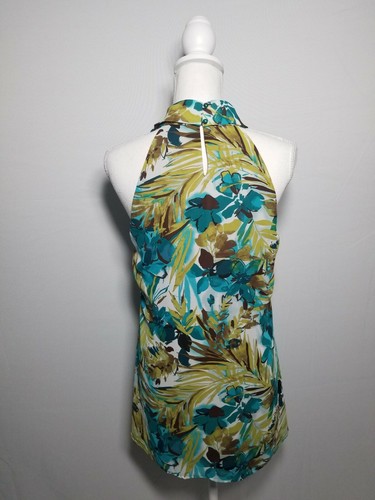 Nue Options Lined Sleeveless Blouse Teal Floral High Neck Pleated Size Medium. - Picture 2 of 9