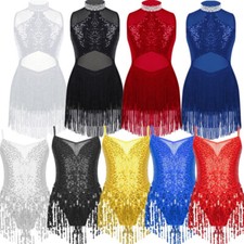 UK Girl's Sparkle Sequins Dress Sleeveless Mesh Latin Jazz Modern Dance Costume