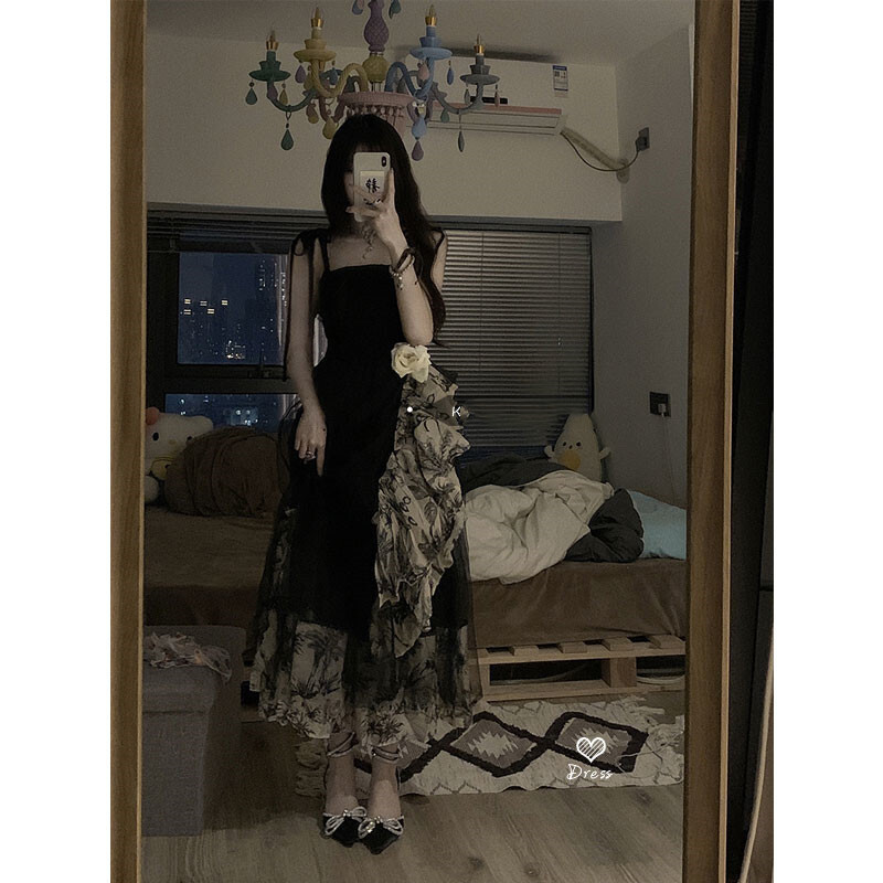 Ladies Girls Harajuku Street Style Floral Chiffon High Waist Dress Sling Dress