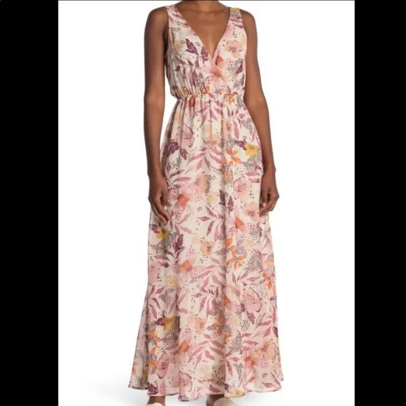 Blush Floral Sleeveless Empire Waist Maxi Dress with Tiered Hem