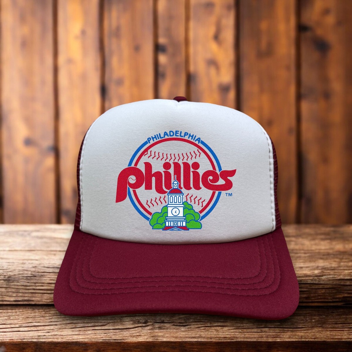 Philadelphia Phillies Mens Trucker Hat Maroon Snapback 1984 Logo