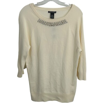 Chelsea & Theodore Womens Rhinestone Embellished Knit Sweater Cream XL