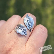 925 Sterling Silver Double Leaf Wrap Ring Adjustable Boho Unique Nature Gift