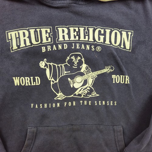 VTG True Religion Spellout Logo Pullover Hoodie Mens L Navy Blue Y2K Hiphop NYC - Picture 4 of 11