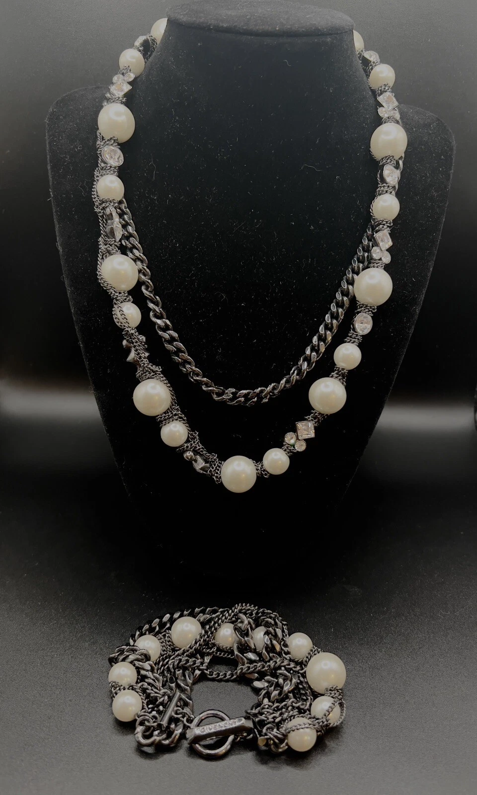 COLLANA E BRACCIALE GIVENCHY FINTA PERLA E STRASS TRASPARENTI