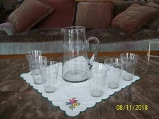 Irish Cloverleaf Etched Glass Crystal Vintage Pitcher Tanker & 6 Matching Goblet