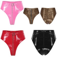 Womens Patent Leather Underwear High-Waisted Front Zip Up Booty Shorts Hot Pants