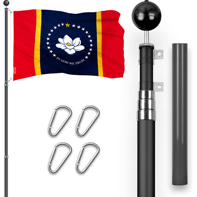 Combo: 16 Ft Telescoping Flagpole Black & Mississippi MS State Flag 3x5 Ft Emb