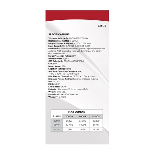 Satco S23135 - 200/150/100 Watt LED Corncob - Extended Mogul base (1 or 2 Pack) - Picture 10 of 13