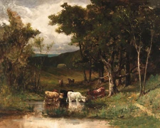 Antique Cows near Stream Landscape Painting Giclee Print on Fine Art Paper